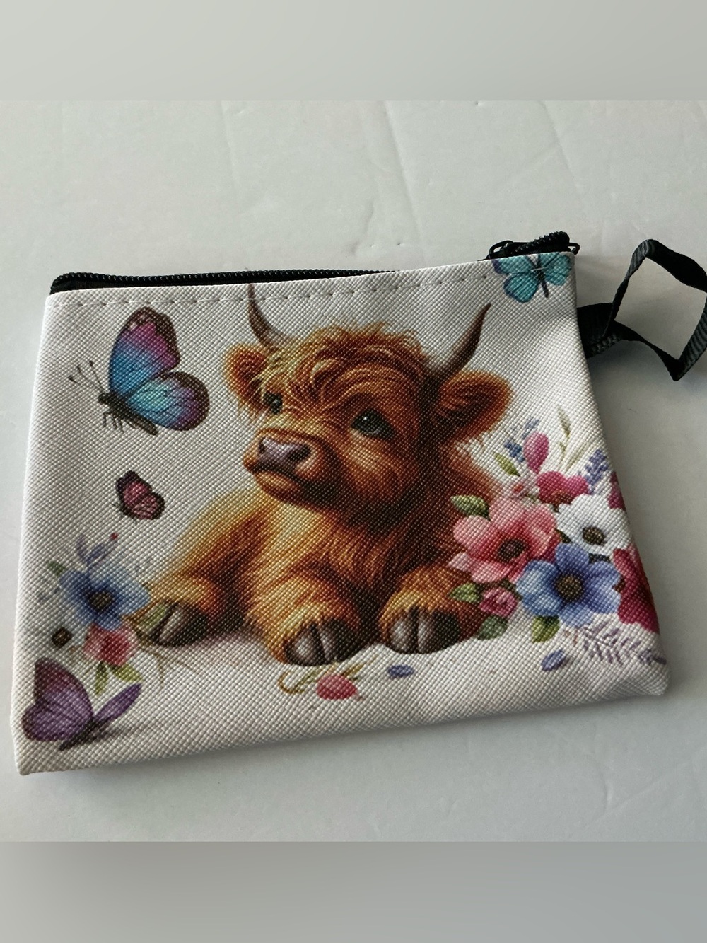 Floral Highland Calf Coin Purse - White